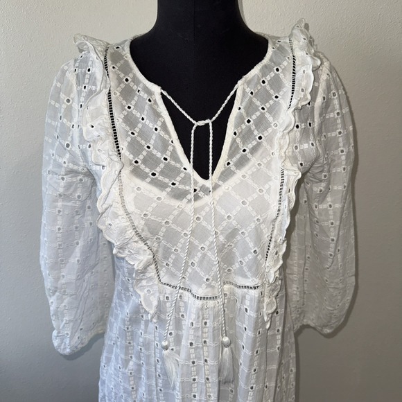 Anthropologie Thames White Eyelit Cotton Mini Dress‎ Long Sleeve Size 2 - Picture 3 of 11